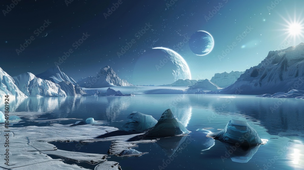 Poster a mesmerizing view of a high-altitude glacier lake with floating, translucent icebergs and a rare, d