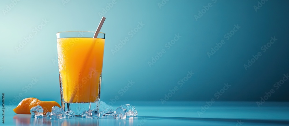Poster a glass of orange juice with ice and a straw set against a blue background. with copy space image. p