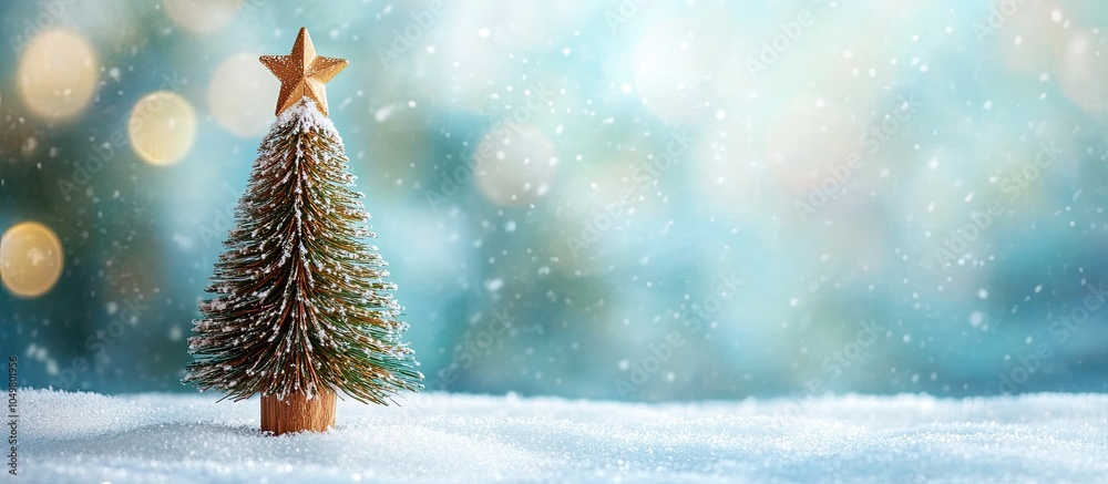 Poster small wooden christmas tree on snow with a blue bokeh background postcard for a happy new year copy 