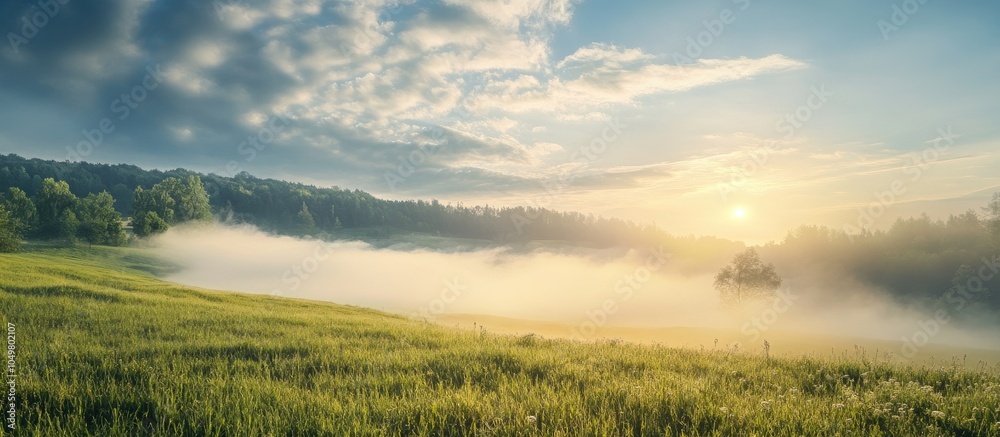 Leinwandbilder foggy summer morning landscape featuring clouds fog and sunlight. with copy space image. place for a
