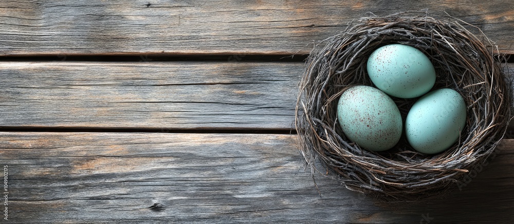 Aufkleber Easter eggs nestled in a nest on weathered wooden planks. with copy space image. Place for adding text or design