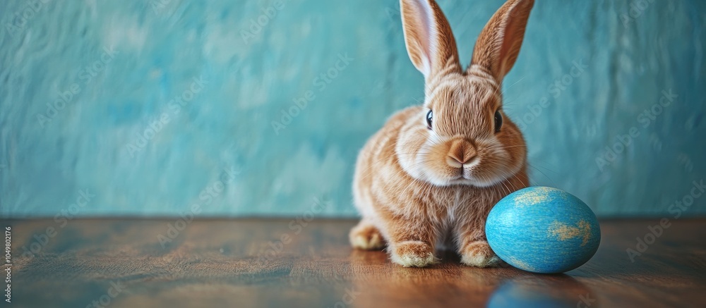 Poster Fluffy Easter bunny with a painted wooden egg. with copy space image. Place for adding text or design