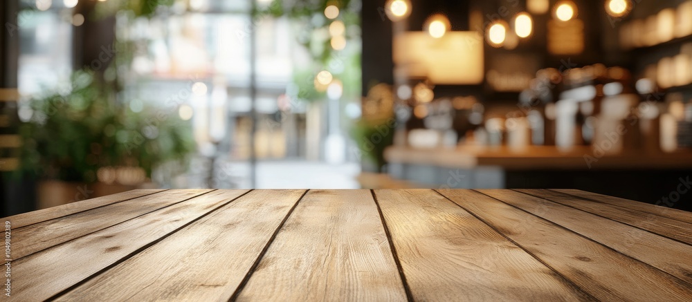Poster selected focus on an empty brown wooden table with a blurred coffee shop background featuring bokeh 