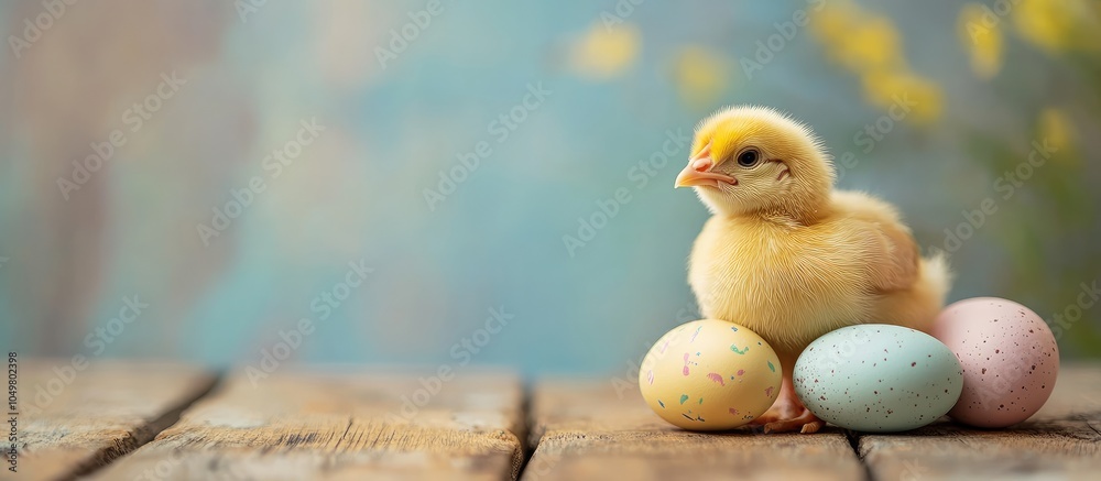 Poster yellow chicken and easter eggs on a wooden table. with copy space image. place for adding text or de