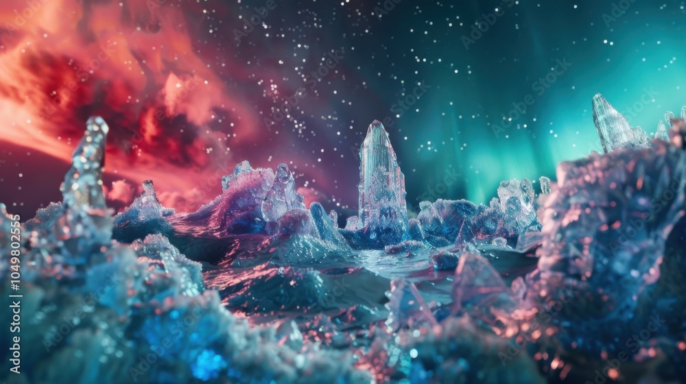 Poster a mesmerizing view of a high-altitude glacier with intricate, crystalline ice formations and a rare,