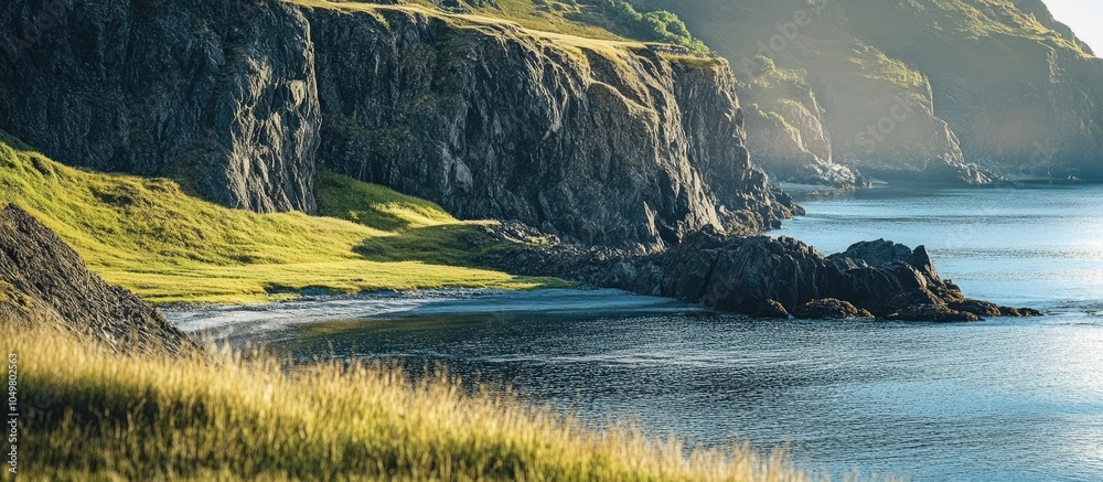 Aufkleber rocks and grass along the shore on a sunny day coastal scenery scenic coastline dark rock formations