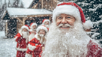  Father Christmas posing with Friends in front of a snowy house smiling 