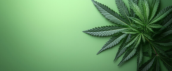 Cannabis leaf on a light green background with copy space, flat lay top view.