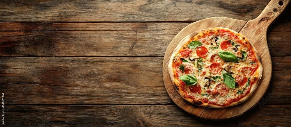 Fototapete pizza cutting board on rustic wooden background. with copy space image. place for adding text or des