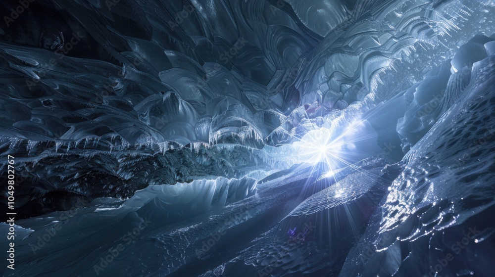 Poster a mesmerizing view of a high-altitude ice cave with complex, fractal ice formations and a rare, brig