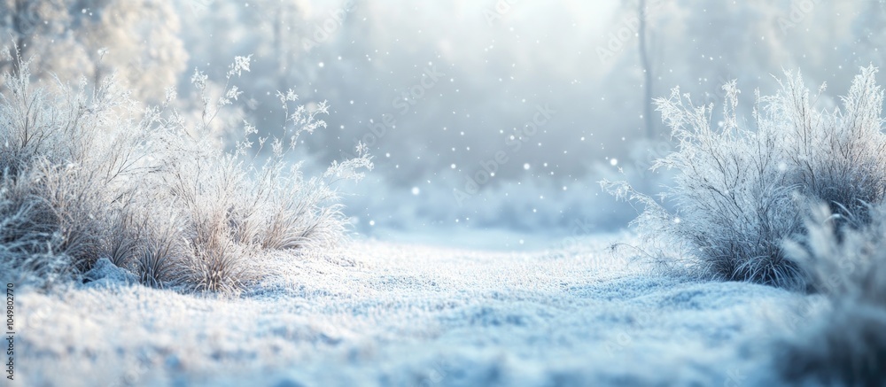 Leinwandbilder frosty grass blanketed in snow in a winter forest. with copy space image. place for adding text or d