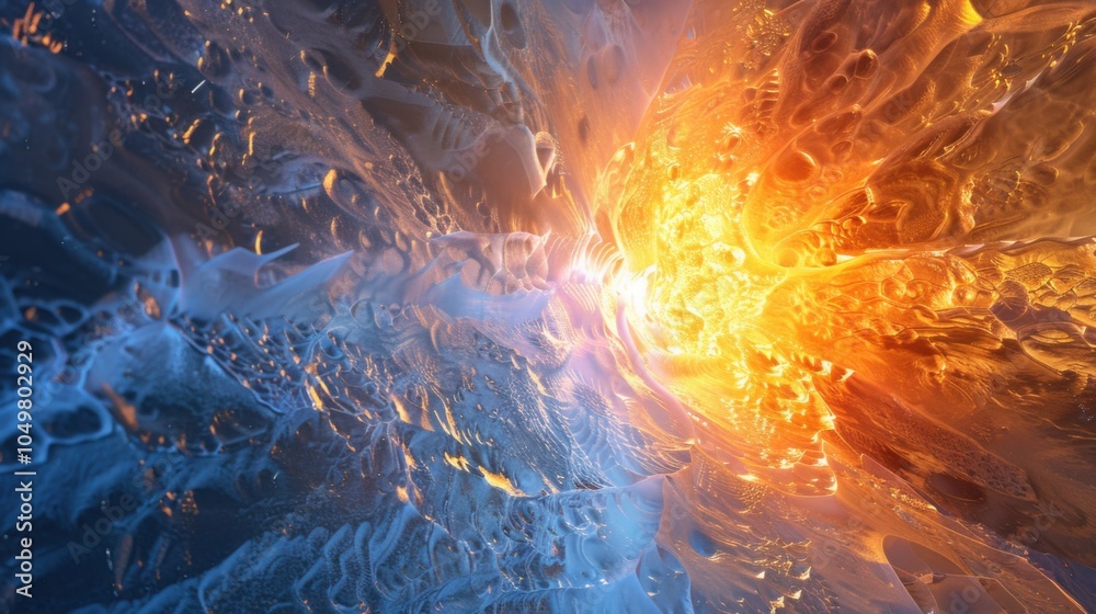 Poster a mesmerizing view of a high-altitude ice cave with complex, fractal ice formations and a rare, brig