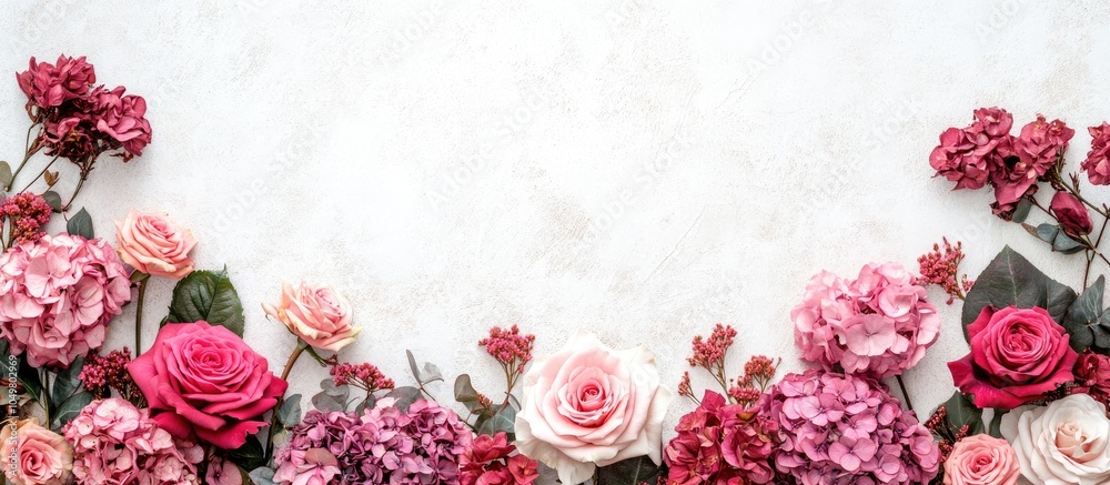 Fototapete autumn floral arrangement a frame of pink roses and hydrangea flowers on a white gray background fla