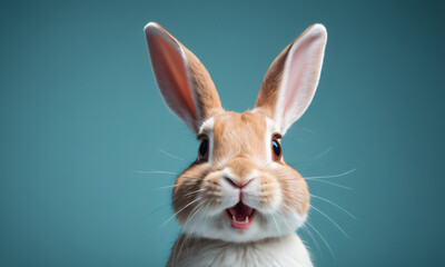 Obraz premium Little fluffy bunny sits on color studio background. Extremely surprised Easter rabbit on colorful background. Cute pet studio shot. Concept of Pascha, Resurrection Sunday, Christian cultural holiday