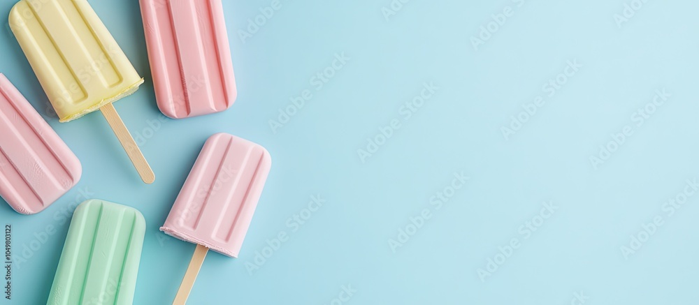 Poster Top view of pastel popsicles with copy space minimal summer concept on a light blue background