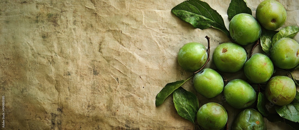 Leinwandbilder textured vintage paper background featuring green plums. with copy space image. place for adding tex