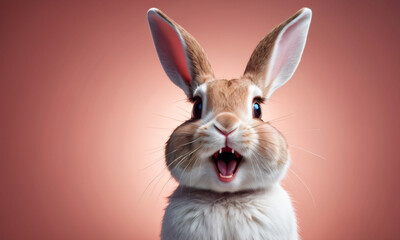 Obraz premium Little fluffy bunny sits on a pink studio background. Extremely surprised Easter rabbit on colorful background. Cute pet studio shot. Concept of Pascha, Resurrection Sunday, Christian cultural holiday