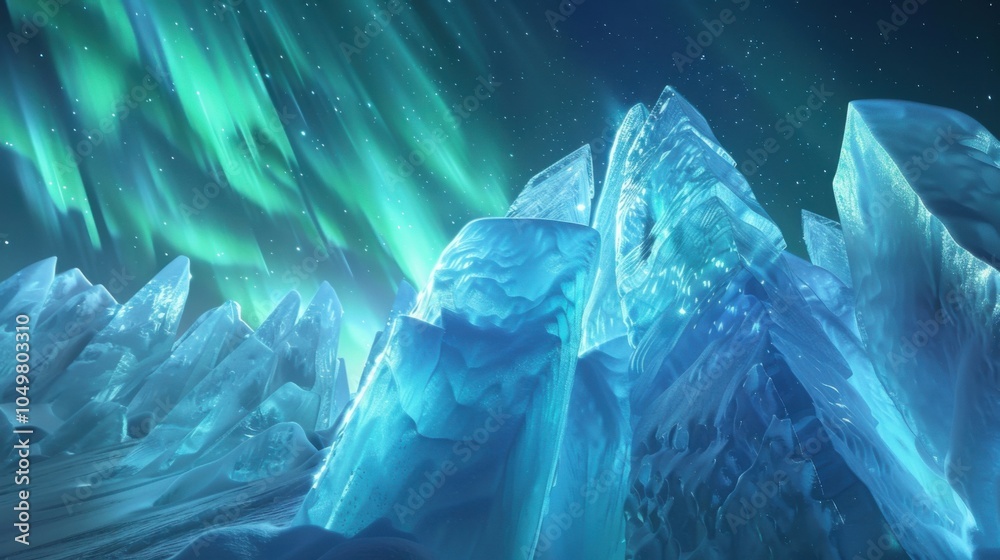 Poster a mesmerizing view of a high-altitude ice dome with transparent ice columns and a rare, deep blue au