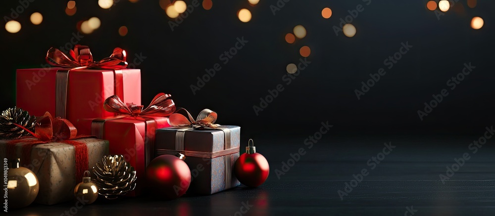Poster Various Christmas gifts on a dark background. with copy space image. Place for adding text or design