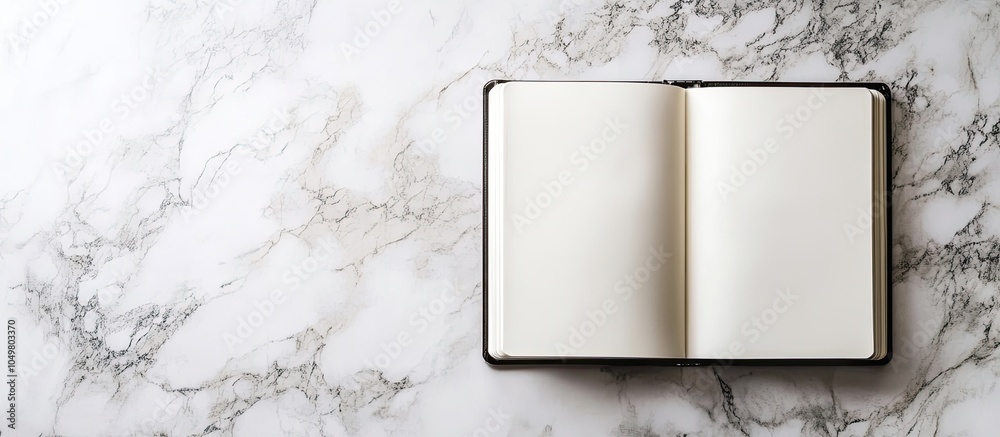 Aufkleber Blank sketchbook on a marble background Flat lay top view of an office table. with copy space image. Place for adding text or design