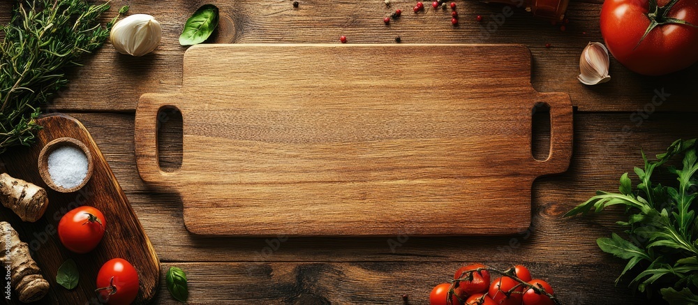 Poster cutting board on a rustic wooden kitchen table serves as empty copy space for food cooking and nutri