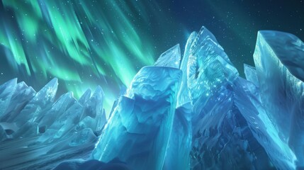 Fototapeta premium A mesmerizing view of a high-altitude ice dome with transparent ice columns and a rare, deep blue aurora borealis casting a surreal glow over the icy landscape, Ice dome scene