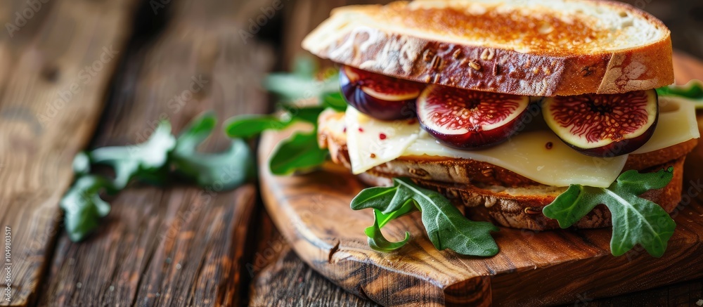 Poster delicious sandwich featuring ripe fig and brie cheese on a wooden plate. with copy space image. plac