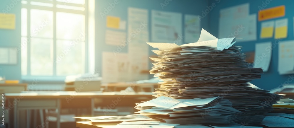 Poster A pile of paper in a classroom. with copy space image. Place for adding text or design