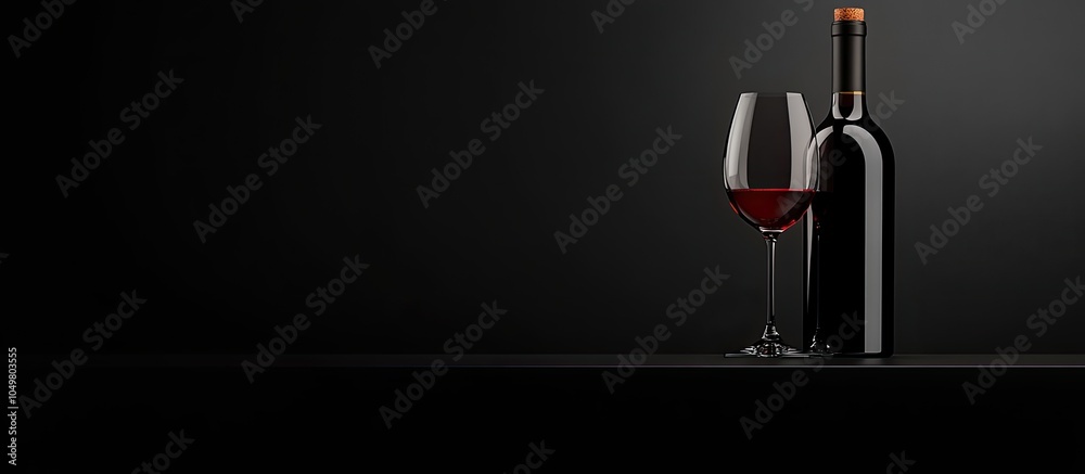 Poster Holder with a wine bottle and glass set against a dark background. with copy space image. Place for adding text or design