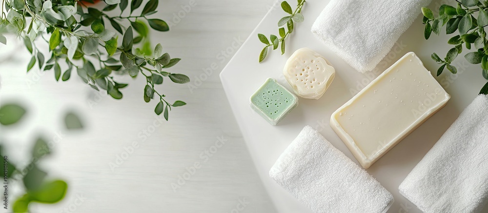 Aufkleber Soap bars and a houseplant on a white table overhead view with space for text Spa time. with copy space image. Place for adding text or design