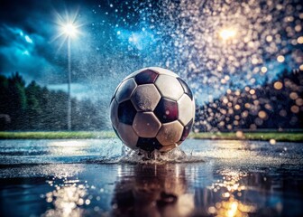 Fototapeta premium Dynamic sports imagery capturing a football on wet ground, highlighting athletic gear amid rainy weather, showcasing outdoor play and the resilience of the sport lifestyle.