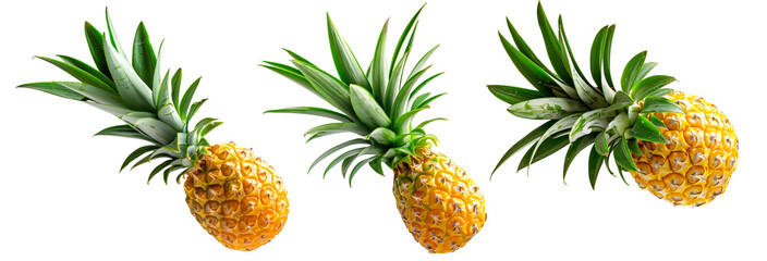 Fototapeta premium Vibrant and juicy pineapple with green leaves, perfect for summer recipes, isolated on white transparent background.
