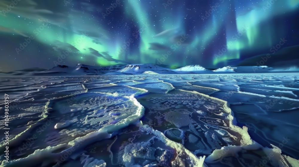 Poster A mesmerizing view of a high-altitude salt crust with intricate, fractal patterns and a rare, vivid aurora borealis dancing across the sky