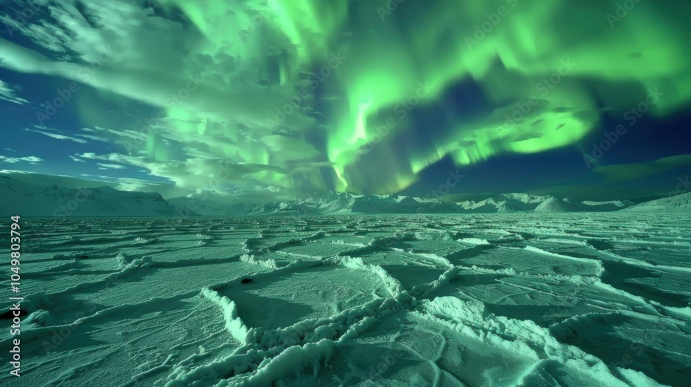 Poster A mesmerizing view of a high-altitude salt crust with intricate, fractal patterns and a rare, vivid aurora borealis dancing across the sky