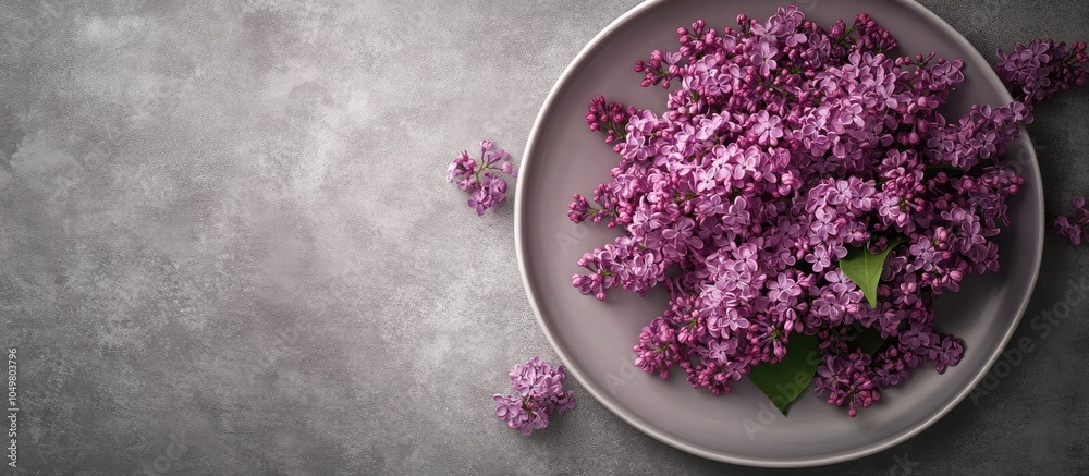Poster Plate featuring lovely blooming lilac on a grey background. with copy space image. Place for adding text or design