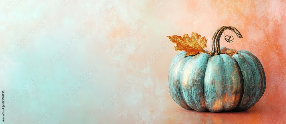 Fototapete A beautifully painted pumpkin adorned with a golden leaf on a colored background featuring space for text. with copy space image. Place for adding text or design