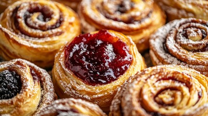 Fototapeta premium Close-Up of Pastries with Jam and Cream on Minimalist Background