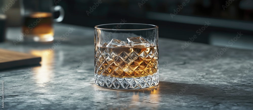 Poster Glass of whiskey liquor with ice on the rocks on a granite counter enjoying a sip of this classy drink Close up of the beverage savoring scotch or bourbon. with copy space image