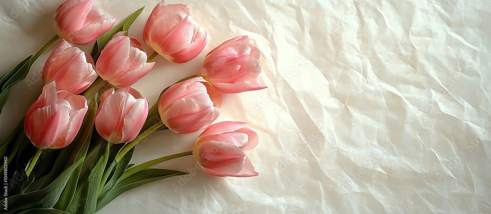 Aufkleber A cluster of pink tulips resting alone on a backdrop of white Kraft paper. with copy space image. Place for adding text or design