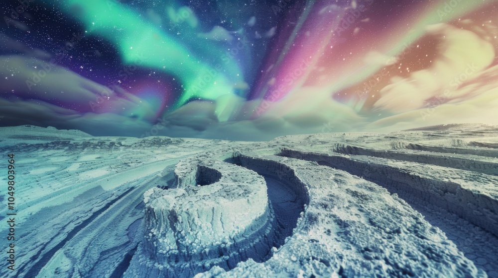 Poster A mesmerizing view of a high-altitude salt crust with intricate, fractal patterns and a rare, vivid aurora borealis dancing across the sky