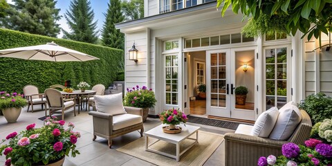 Fototapeta premium Elegant Back Patio with White Doors, Exquisite Home Design, Luxury Outdoor Space, Stylish Architecture, Modern Patio Furniture, Beautiful Garden, Sophisticated Living, Serene Atmosphere
