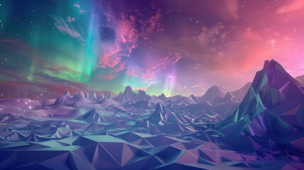 Obraz premium A mesmerizing view of a high-altitude salt crust with intricate, fractal patterns and a rare, vivid aurora borealis dancing across the sky