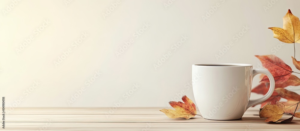 Poster autumn backdrop featuring a coffee mug and leaves comfortable fall arrangement side view copy space