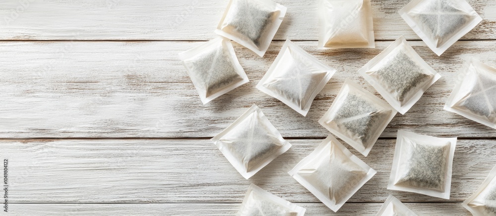 Poster tea bags on a white wooden table viewed from above. with copy space image. place for adding text or 