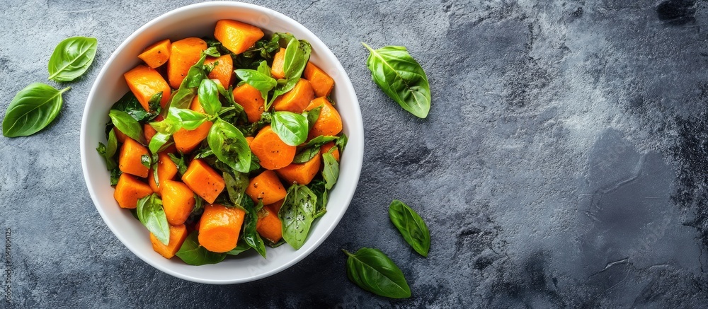 Poster Carrot salad with basil in a white bowl on a stone or concrete surface Selective focus close up copyspace
