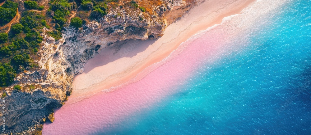 Aufkleber Panoramic scenic aerial view of the coastline featuring a pink lake divided from the sea by a slender sandy spit Captured using a drone. with copy space image. Place for adding text or design