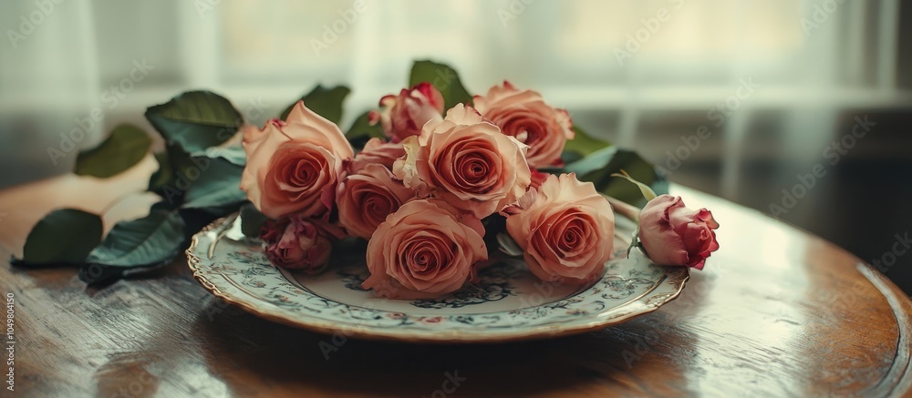 Poster romantic table arrangement featuring a bouquet of roses on an antique plate. with copy space image. 