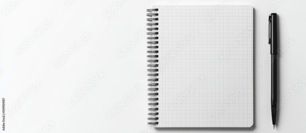 Poster Vertical checkered spiral bound notepad or notebook alongside a pen isolated on a white background top view. with copy space image. Place for adding text or design