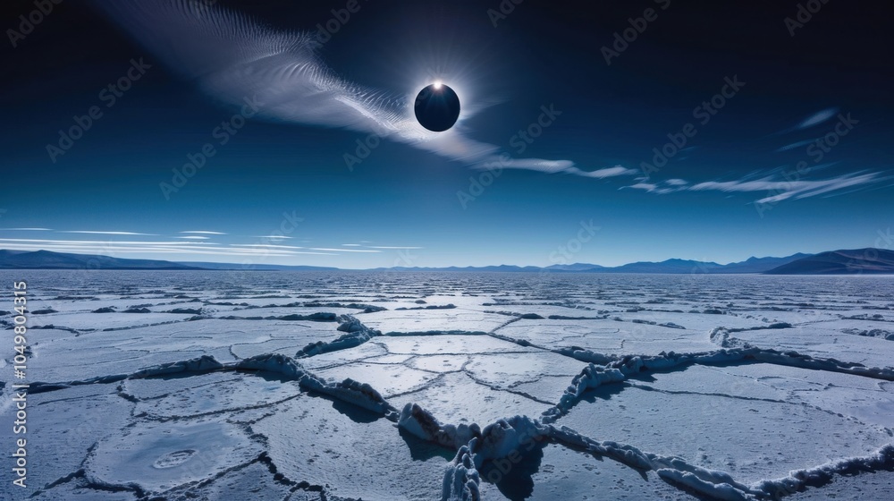 Poster a mesmerizing view of a high-altitude salt flat with symmetrical, geometric salt patterns and a rare
