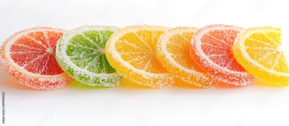 Poster Multicolored citrus marmalade slices coated in sugar on a white background. with copy space image. Place for adding text or design